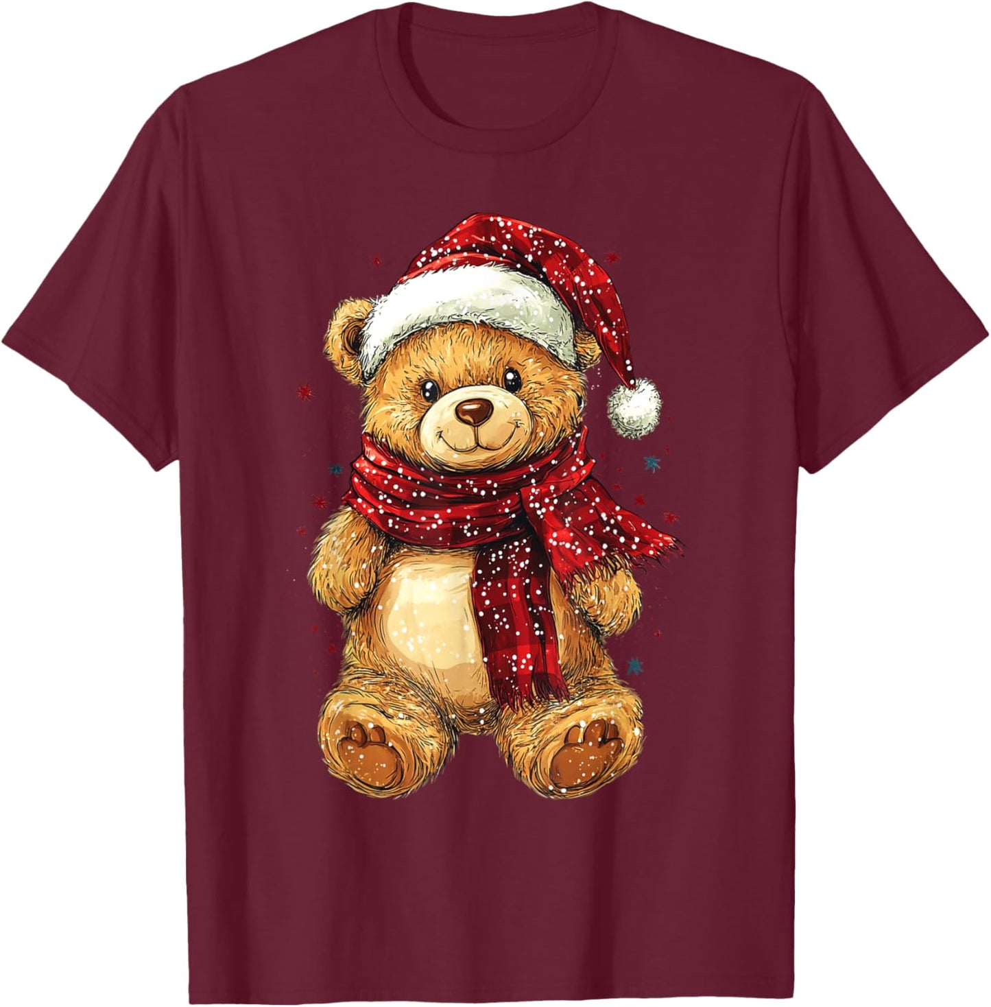 Teddy Bear Wearing Christmas Hat and Scarf Cute Bear T-Shirt - T-Shirt | Maroon