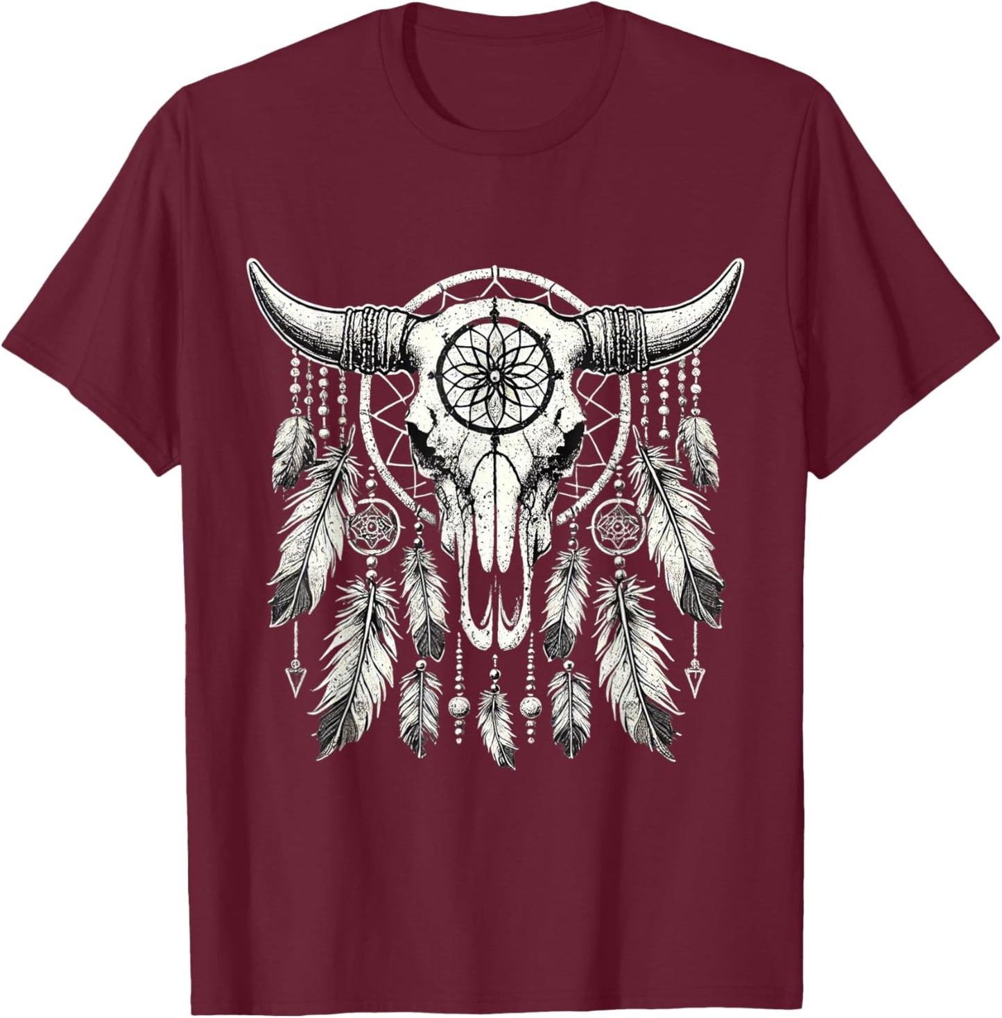 Vintage Boho Cow Skull cowgirl Dream catcher T-Shirt - T-Shirt | Maroon