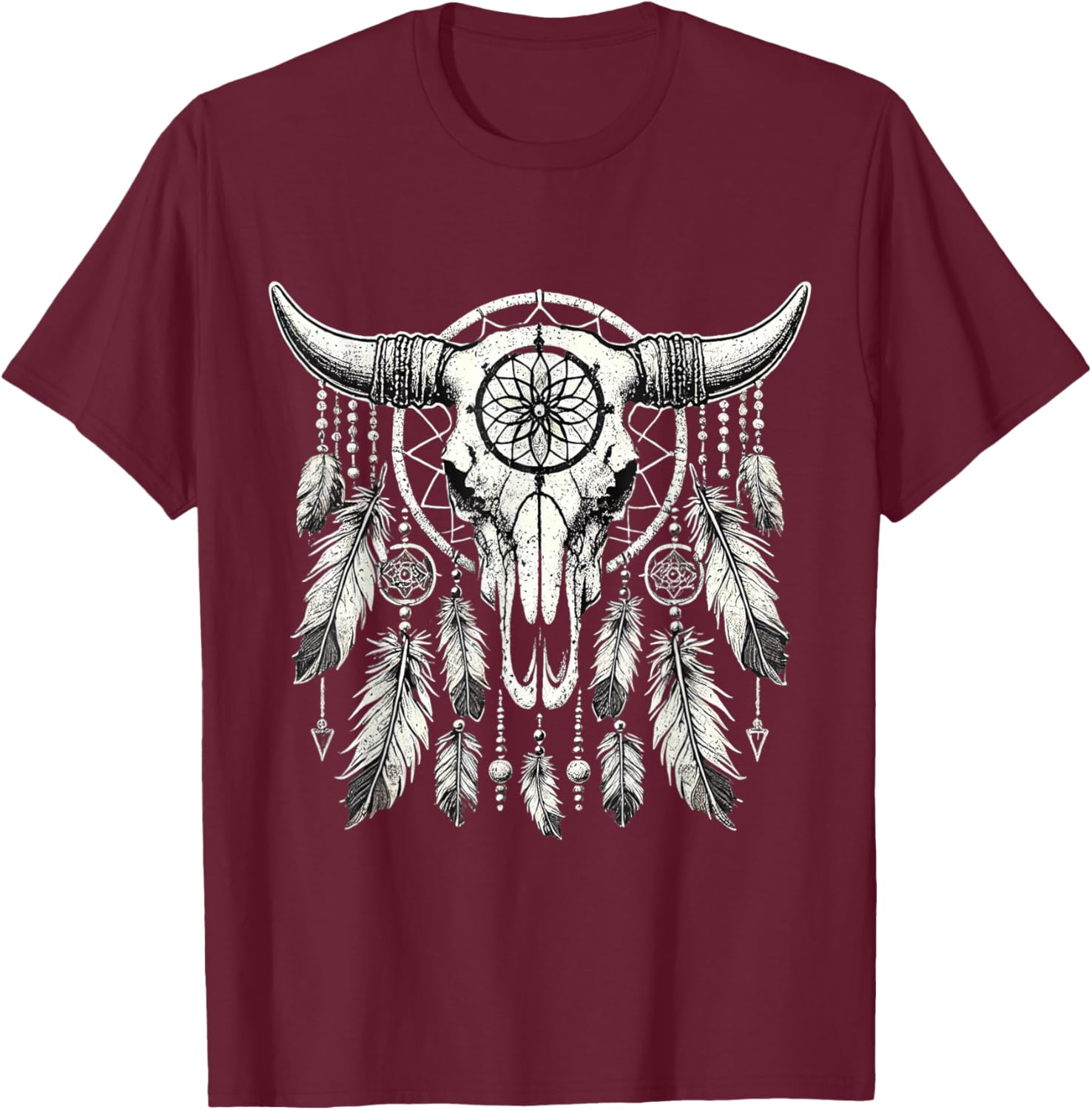 Vintage Boho Cow Skull cowgirl Dream catcher T-Shirt - T-Shirt | Maroon