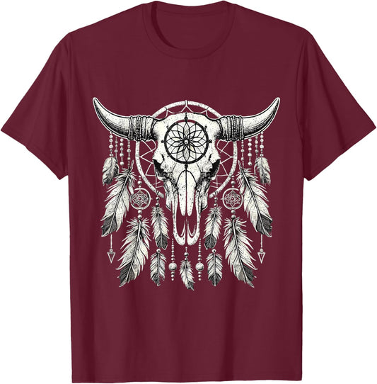 Vintage Boho Cow Skull cowgirl Dream catcher T-Shirt - T-Shirt | Maroon