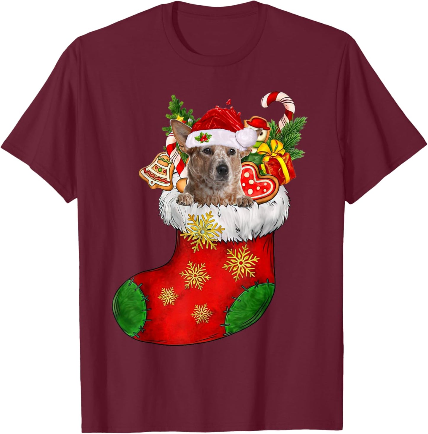 RED Heeler In Sock Christmas Santa Hat Xmas Dog Lover Women T-Shirt - T-Shirt | Maroon