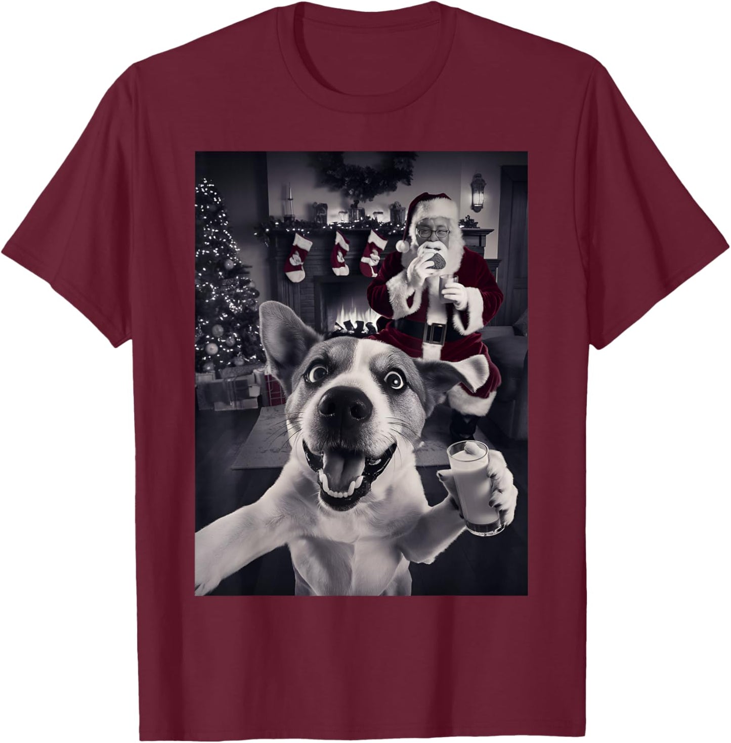 Funny Cat Selfie With Santa Christmas T-Shirt - T-Shirt | Maroon
