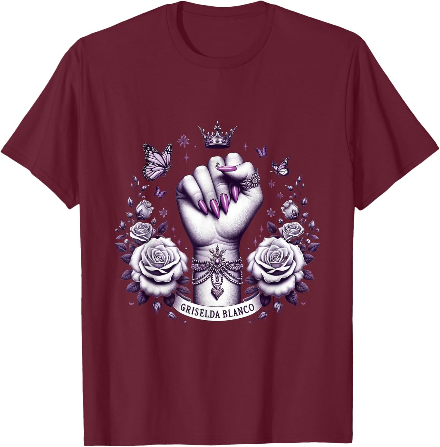 Griselda Blanco Crown Fist With Roses and Butterflies T-Shirt - T-Shirt | Maroon