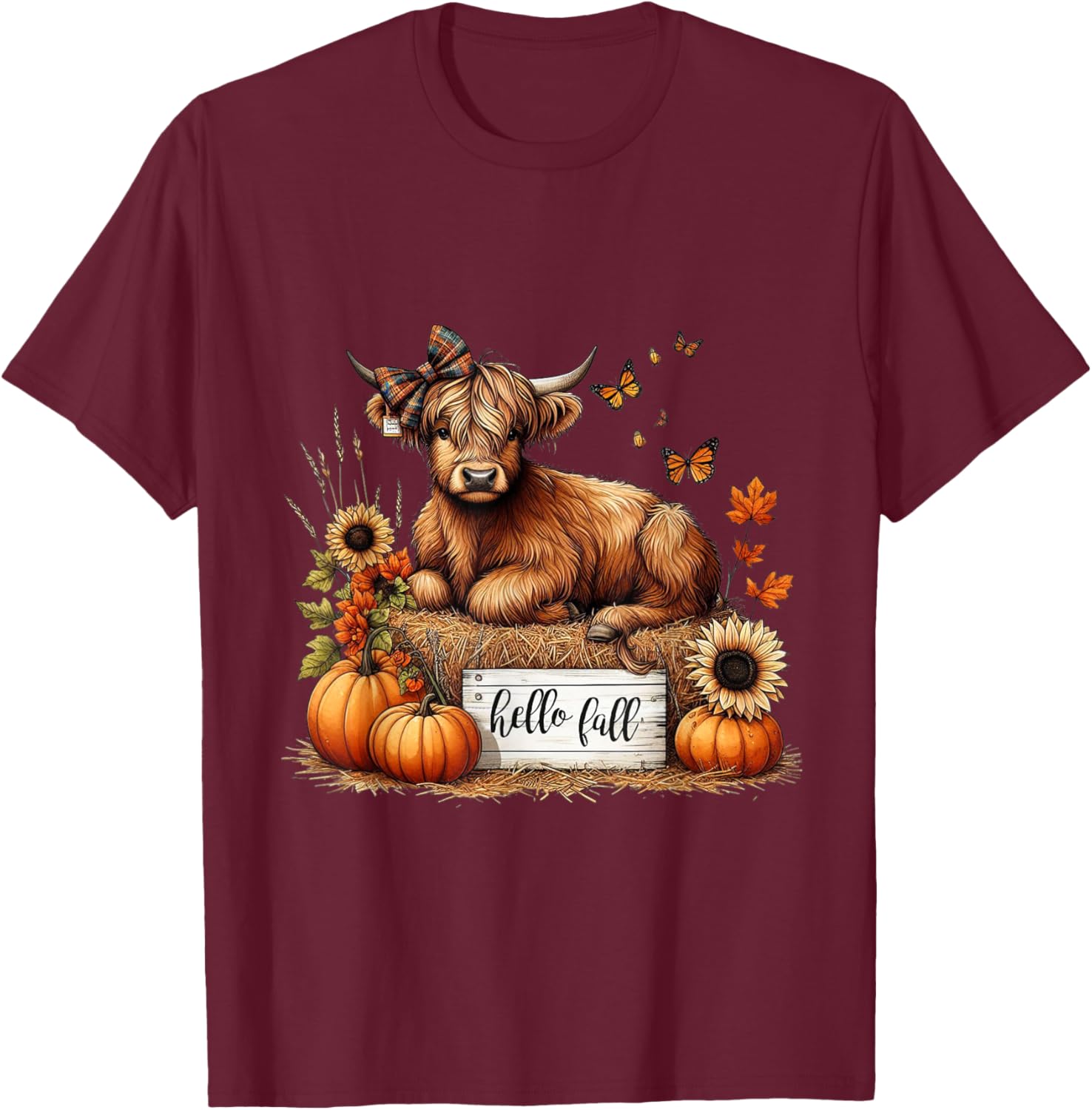 Hello Fall Pumkin Highland Cow Fall Autumn Thanksgiving T-Shirt - T-Shirt | Maroon