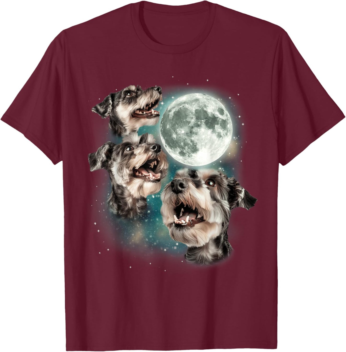 Three Mini Schnauzers Moon | 3 Howling Dog Meme Pet Lover T-Shirt - T-Shirt | Maroon