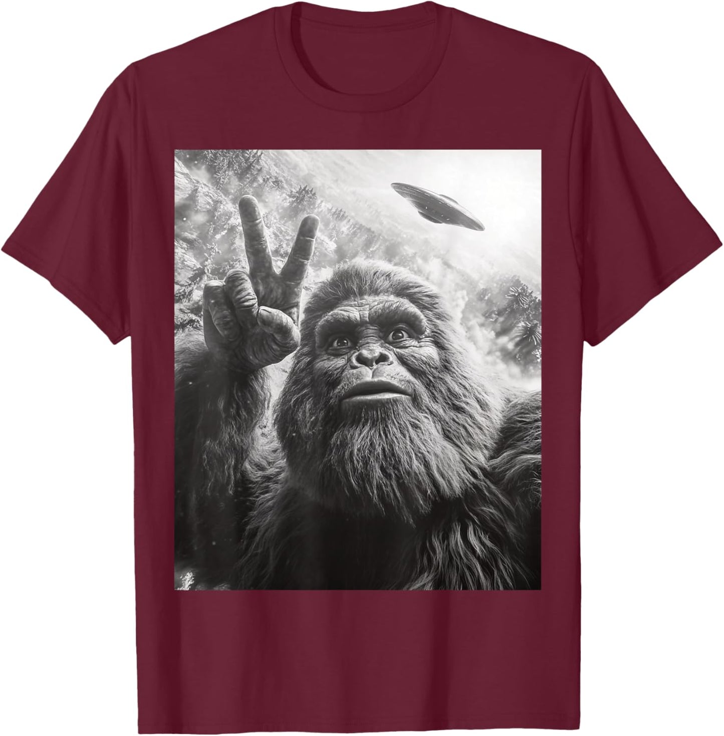 Funny Bigfoot Selfie Sasquatch UFO T-Shirt - T-Shirt | Maroon