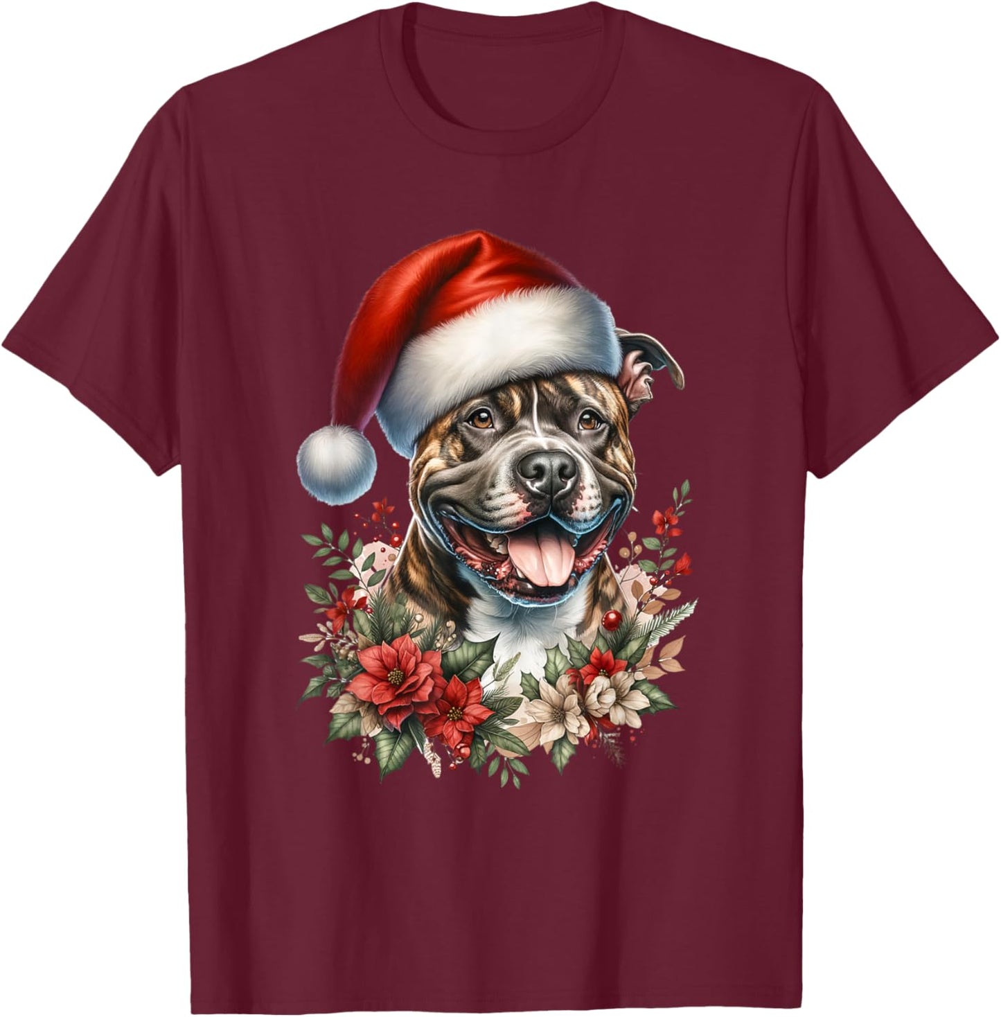 Christmas Brindle Pitbull Pit Dog Bully Watercolor Artwork T-Shirt - T-Shirt | Maroon