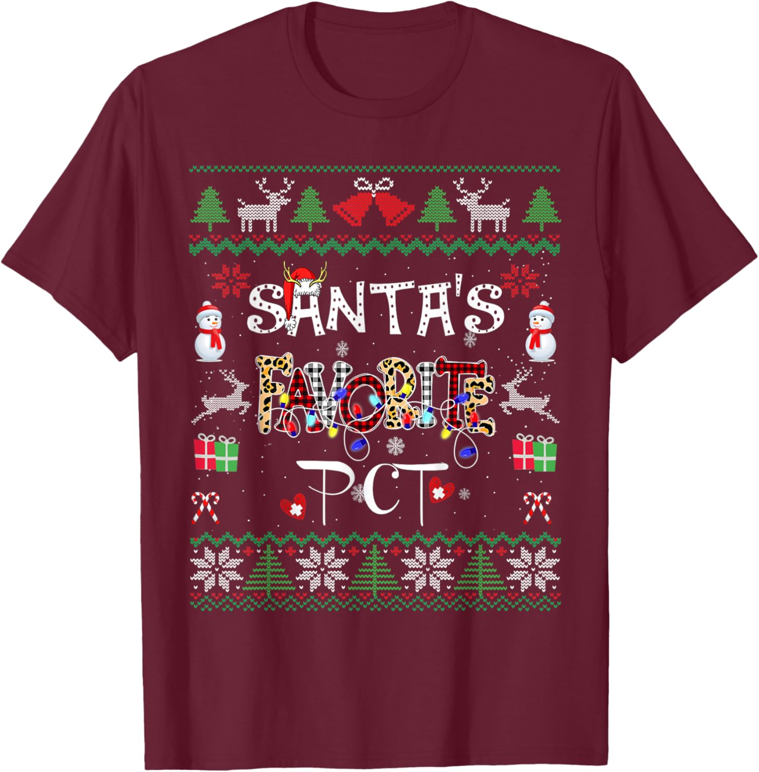 Christmas Ugly Santa's Favorite PCT Patient Care Technician T-Shirt - T-Shirt | Maroon