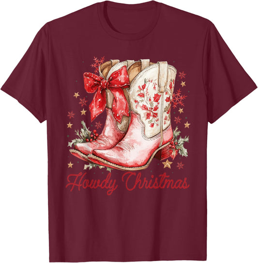 Western Howdy Christmas Cowgirl Boot Coquette Bow Christmas T-Shirt - T-Shirt | Maroon