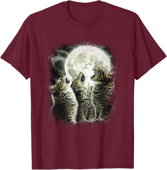 Funny Cats Howling At Moon T-Shirt - T-Shirt | Maroon