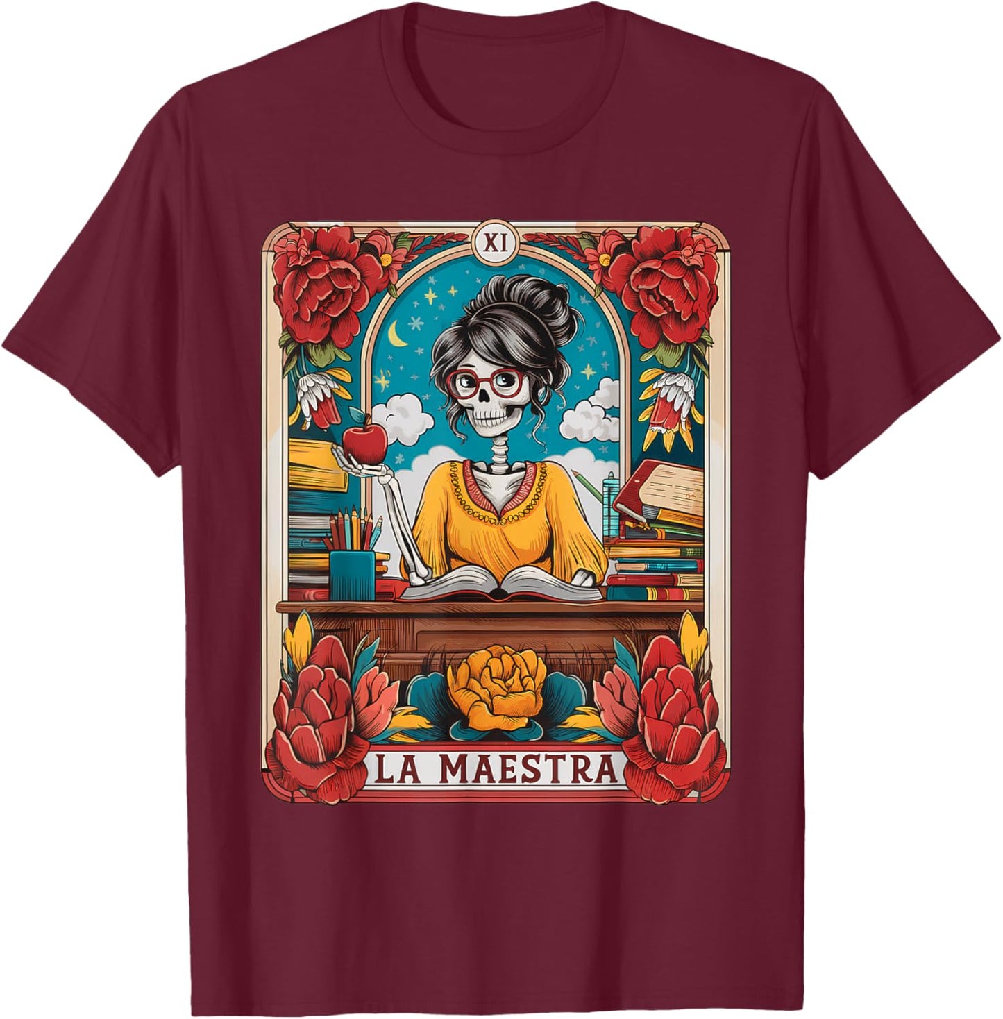 La Maestra Tarot Card Funny Spanish Teacher Mexican Skeleton T-Shirt - T-Shirt | Maroon