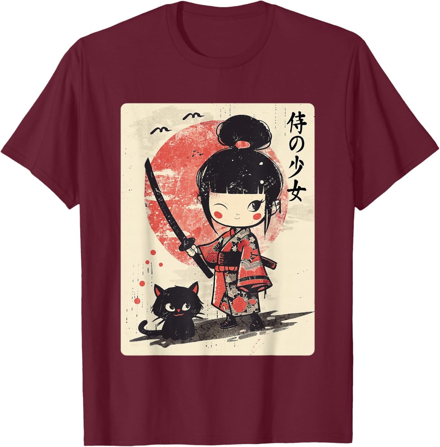 Cute Kawaii Samurai Girl with Katana & Cat Japanese Anime T-Shirt - T-Shirt | Maroon