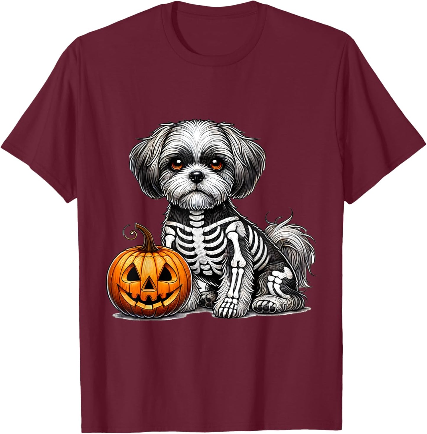 Shih Tzu Skeleton Jack O Lantern Funny Dog Halloween T-Shirt - T-Shirt | Maroon