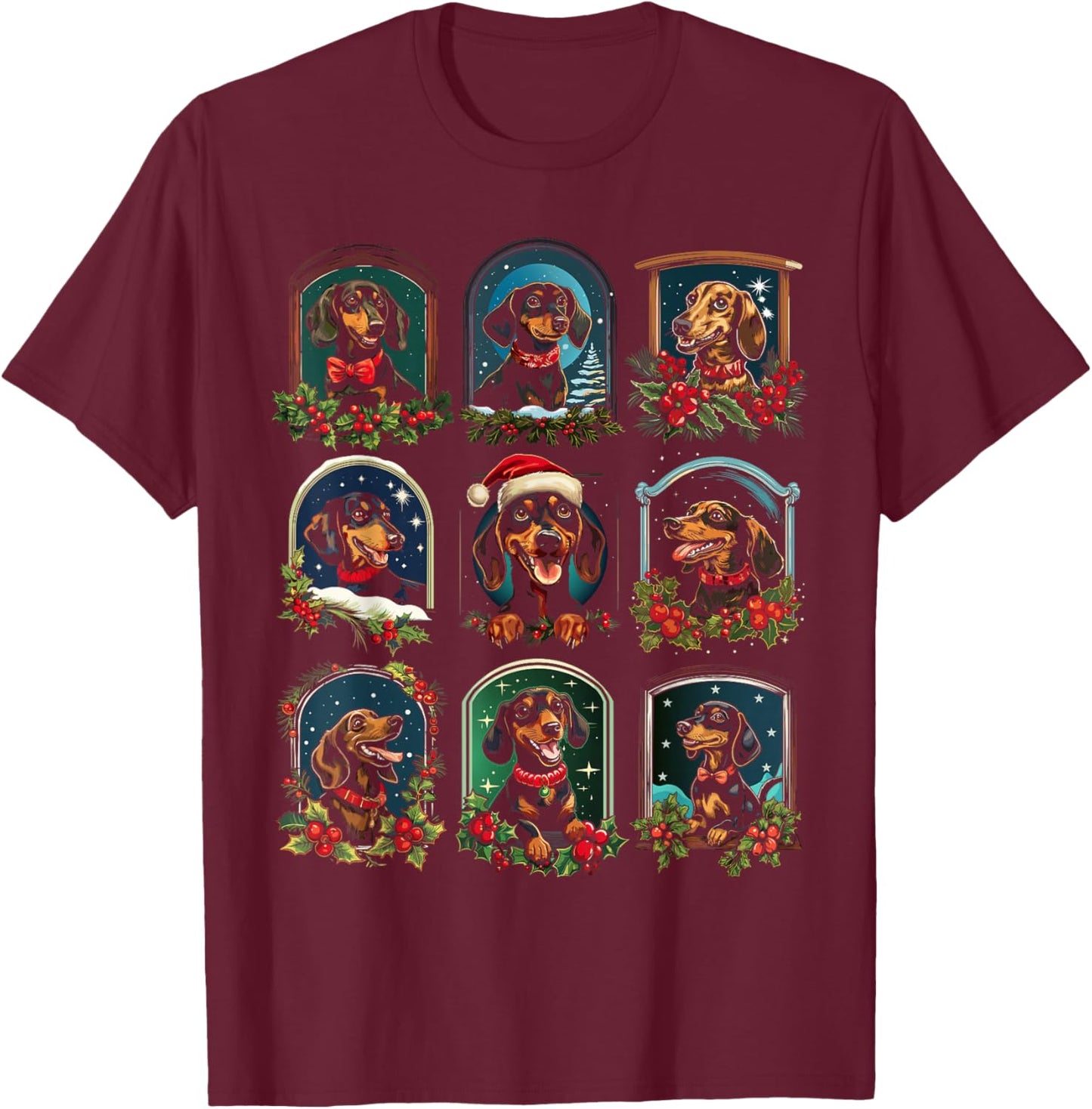 Vintage Christmas Dachshund T-Shirt - T-Shirt | Maroon