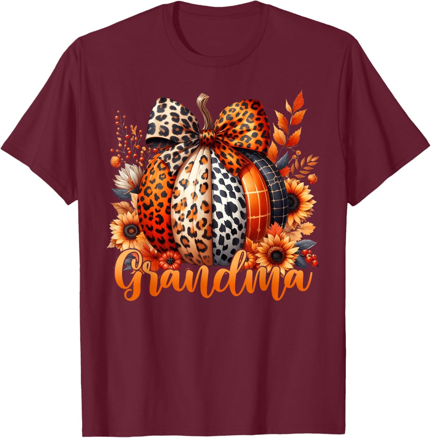 Grandma Thanksgiving Leopard Pumpkin Sunflower Coquette Bow T-Shirt - T-Shirt | Maroon