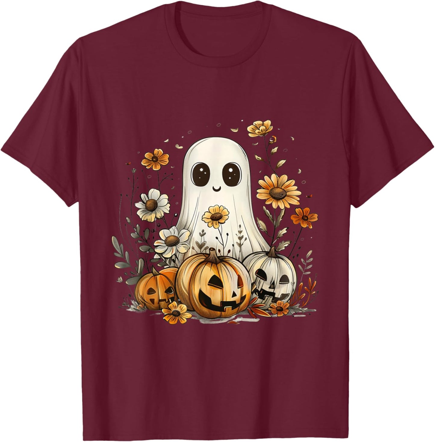 Cute Boho Flower Ghost Pumpkin Halloween Party Ghost Costume T-Shirt - T-Shirt | Maroon