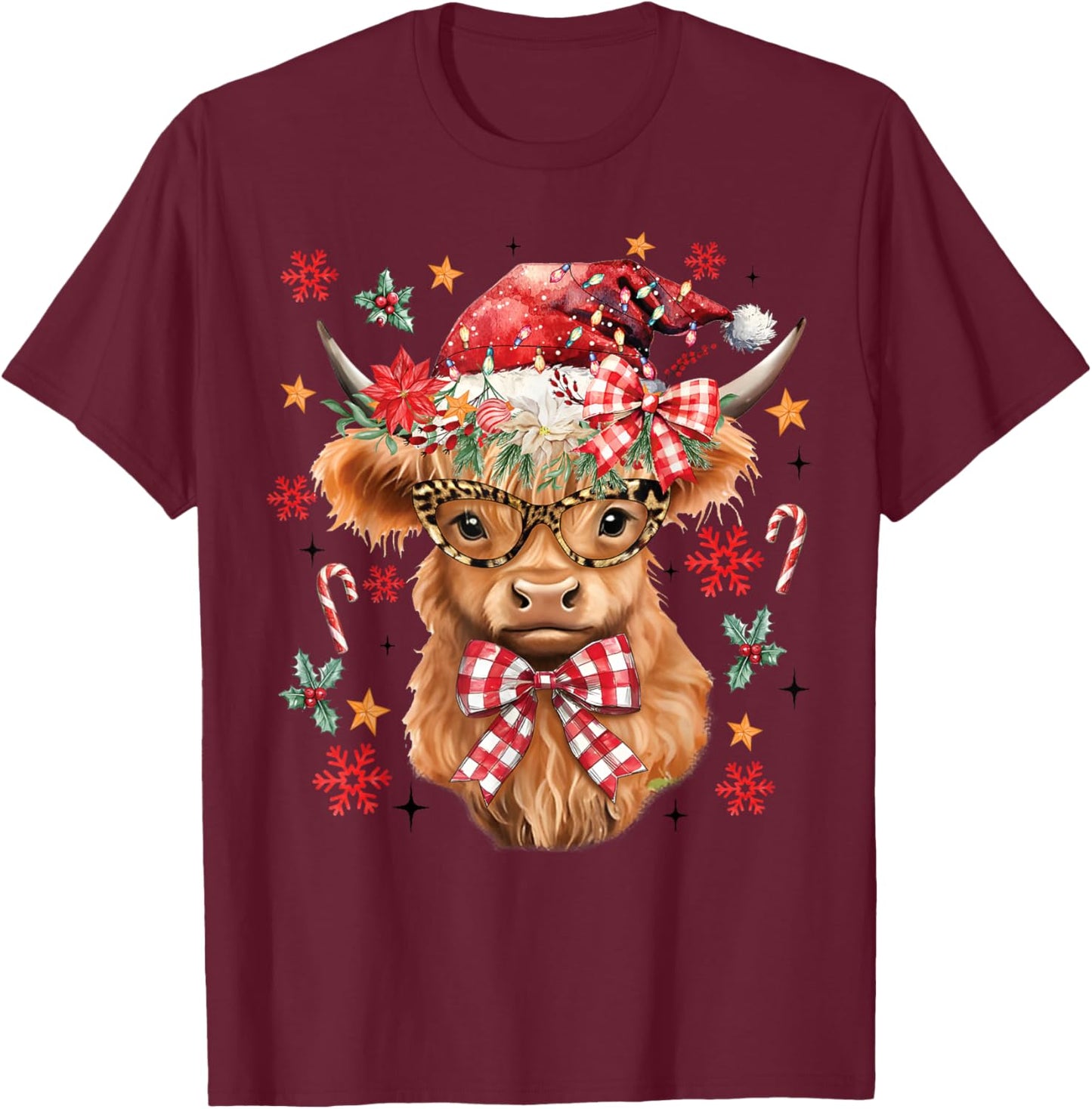Western Highland Cow Lover Coquette Bow Merry Christmas T-Shirt - T-Shirt | Maroon