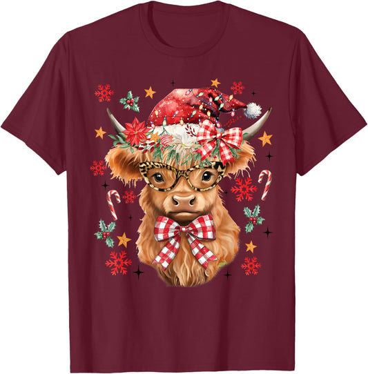 Western Highland Cow Lover Coquette Bow Merry Christmas T-Shirt - T-Shirt | Maroon