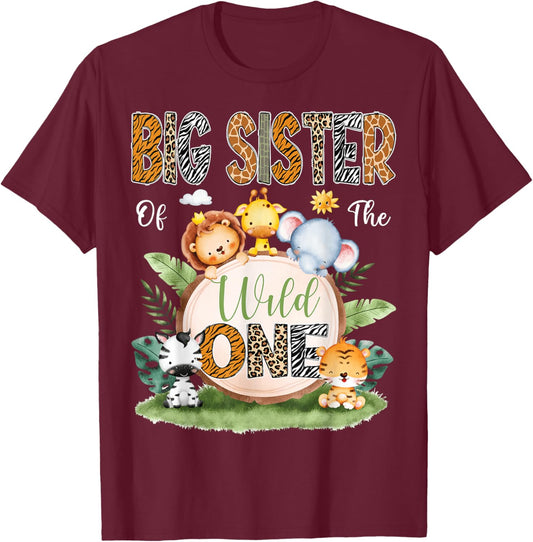 Big Sister Of The Wild One 1St Birthday Kids Safari Jungle T-Shirt - T-Shirt | Maroon