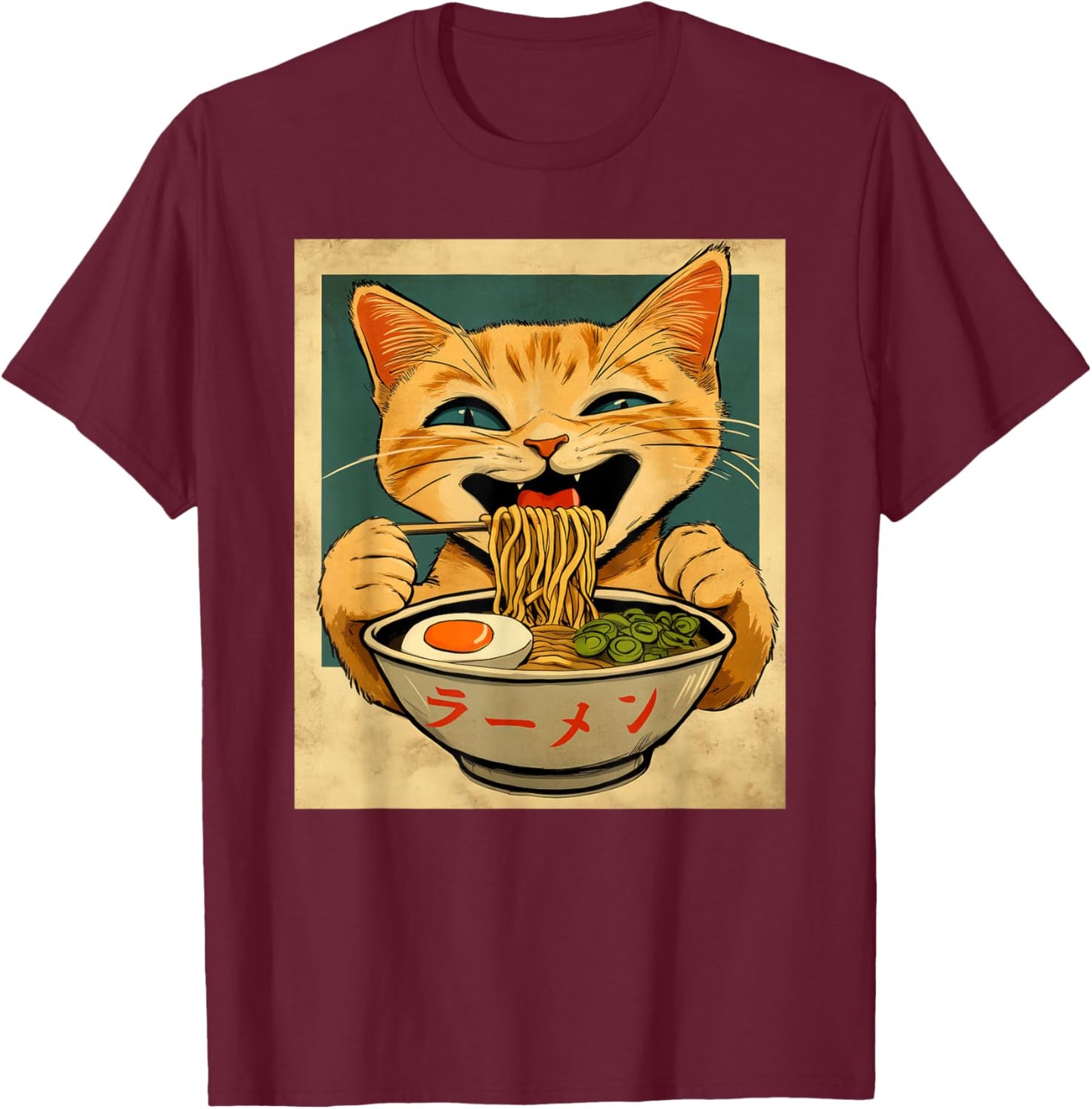 Funny Ginger Cat Ramen Japanese Kawaii Anime Cat Graphic T-Shirt - T-Shirt | Maroon
