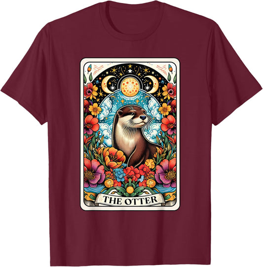 Catumet Otter -Adults Otter Tarot Black Short Sleeve Classic Fit Polyester 100% Cotton Blend Modern Classic Animals Cartoon Small T-Shirt - T-Shirt | Maroon