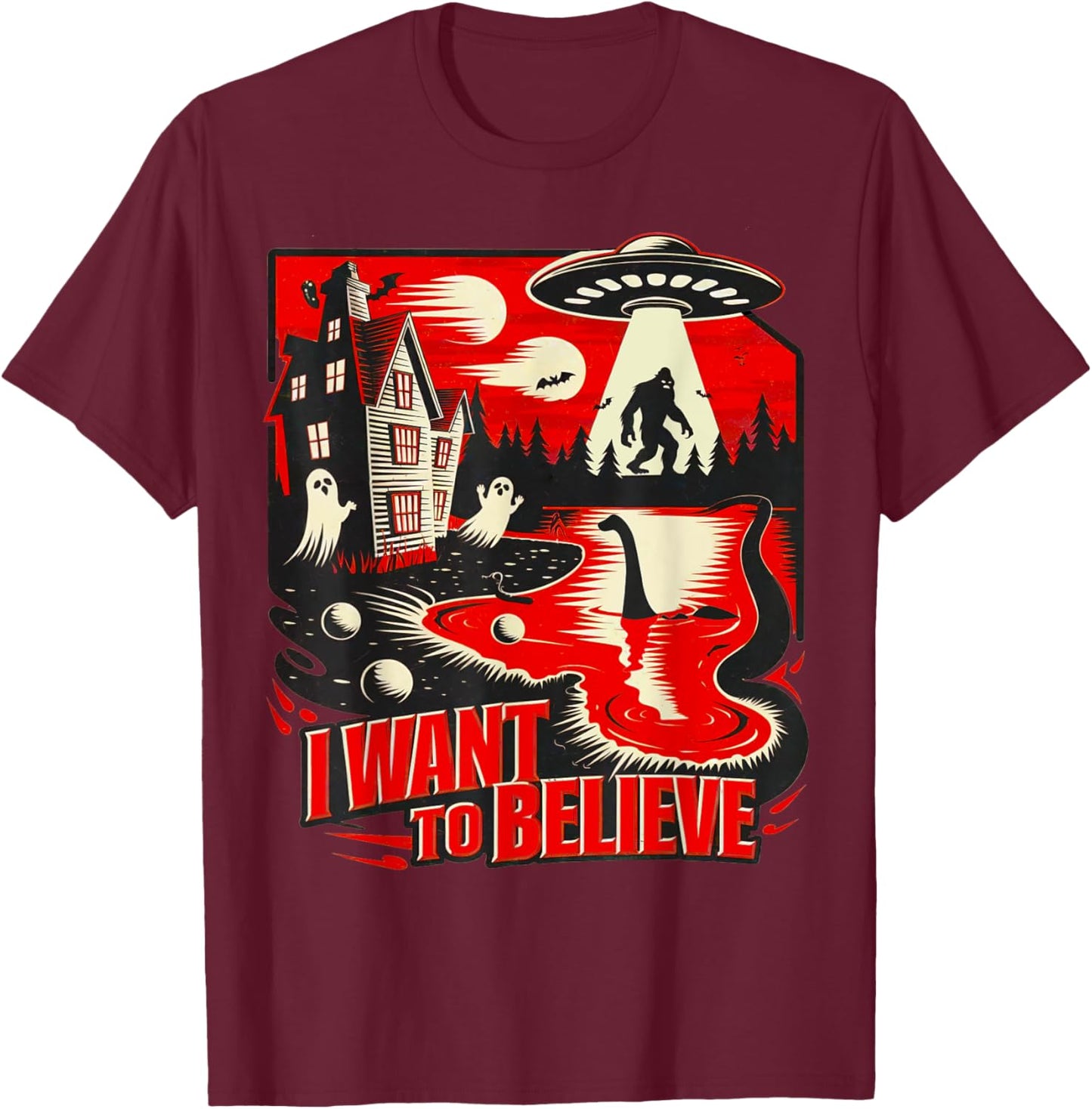 I want to believe UFO Loch Ness Ghost T-Shirt - T-Shirt | Maroon