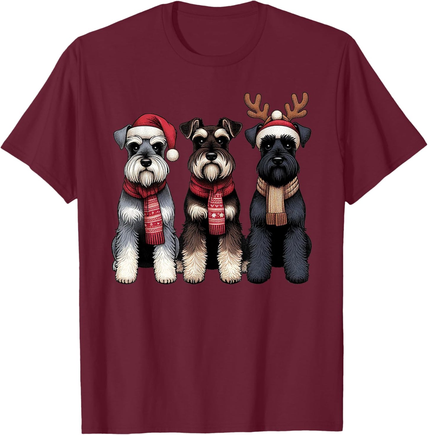 Santa Reindeer Schnauzer Christmas Dachshund Lover Pajama T-Shirt - T-Shirt | Maroon