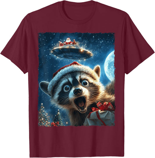 Funny Raccoon Selfie Santa Ufo Xmas Christmas T-Shirt - T-Shirt | Maroon