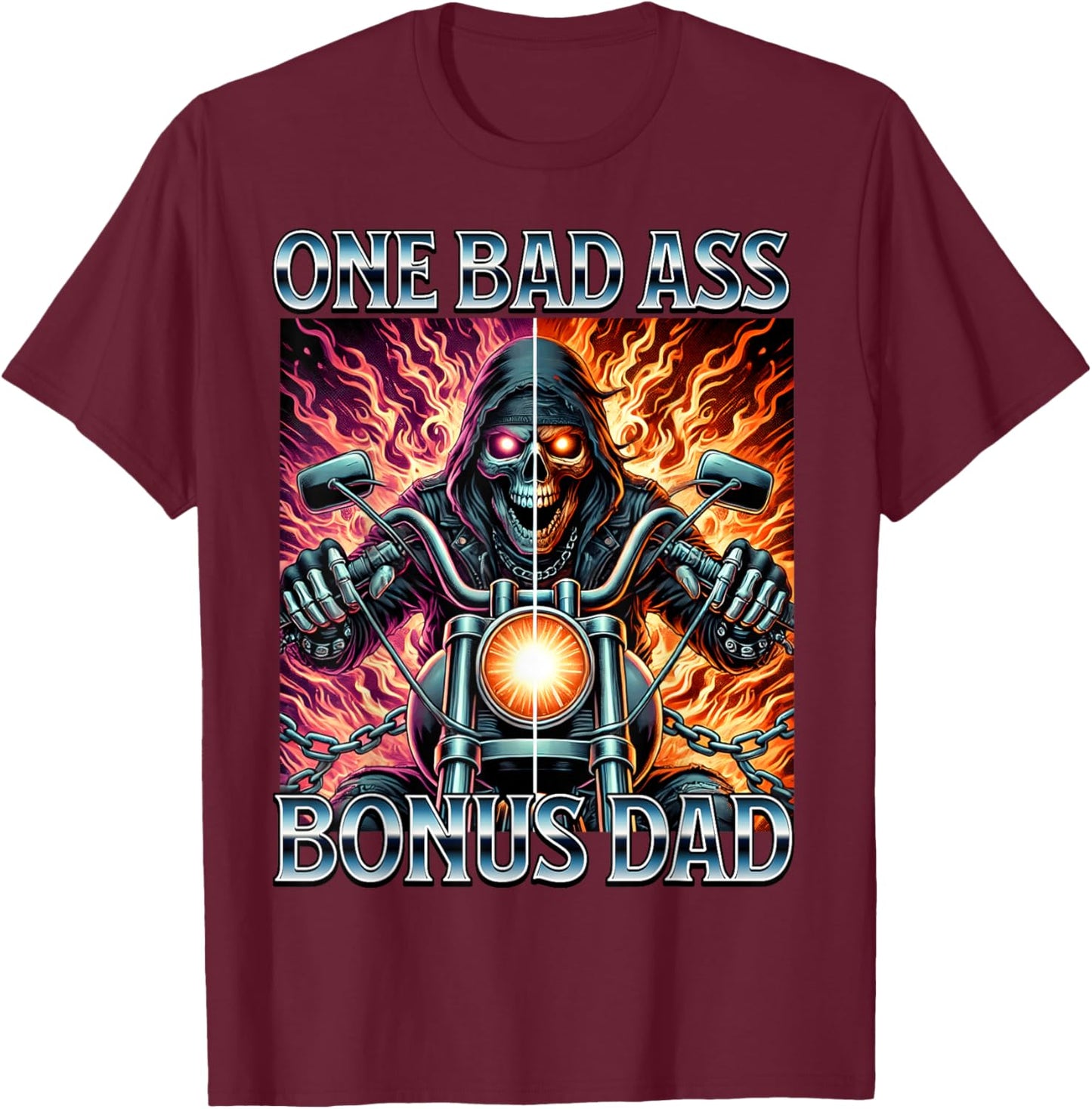 Bad Ass Bonus Dad Skeleton Step Dad Biker Stepdad Motorcycle T-Shirt - T-Shirt | Maroon