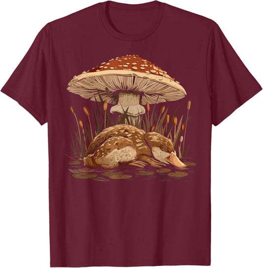 Platypus Animal Cottagecore Aesthetic Under The Mushroom T-Shirt - T-Shirt | Maroon