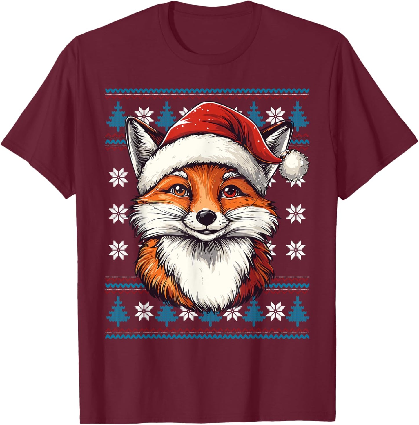 Foxes Santa Hat Ugly Christmas Sweater Foxes Lovers Holiday T-Shirt - T-Shirt | Maroon