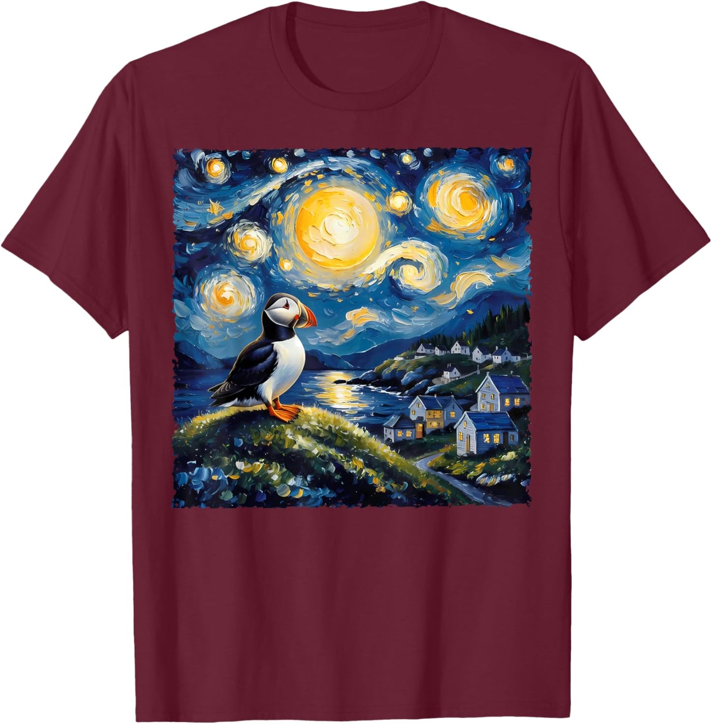 Van Gogh Style Funny Puffin Lover The Starry Night Painting T-Shirt - T-Shirt | Maroon
