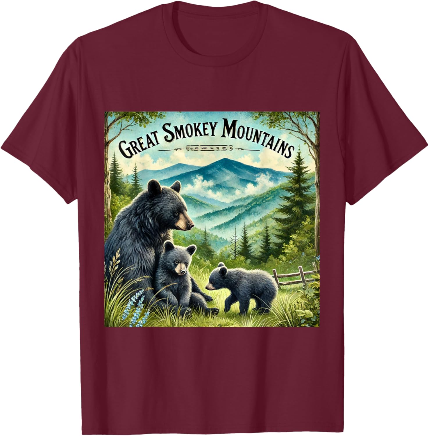 Great Smokey Mountains Black Bear Mother and Cub T-Shirt - T-Shirt | Maroon