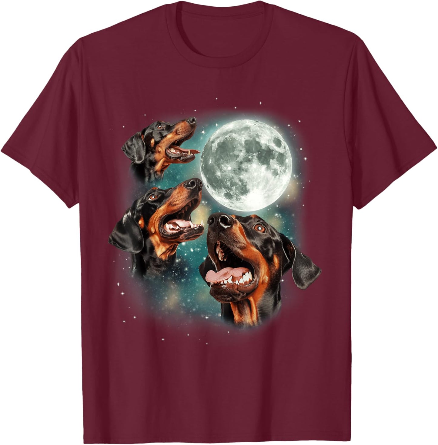 Three Doberman Pinscher Moon | 3 Dobies Howling Pet Canine T-Shirt - T-Shirt | Maroon