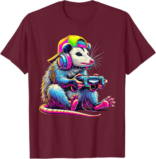 Funny Possum Gaming Kids Men Gamer Retro Opossum Video Games T-Shirt - T-Shirt | Maroon