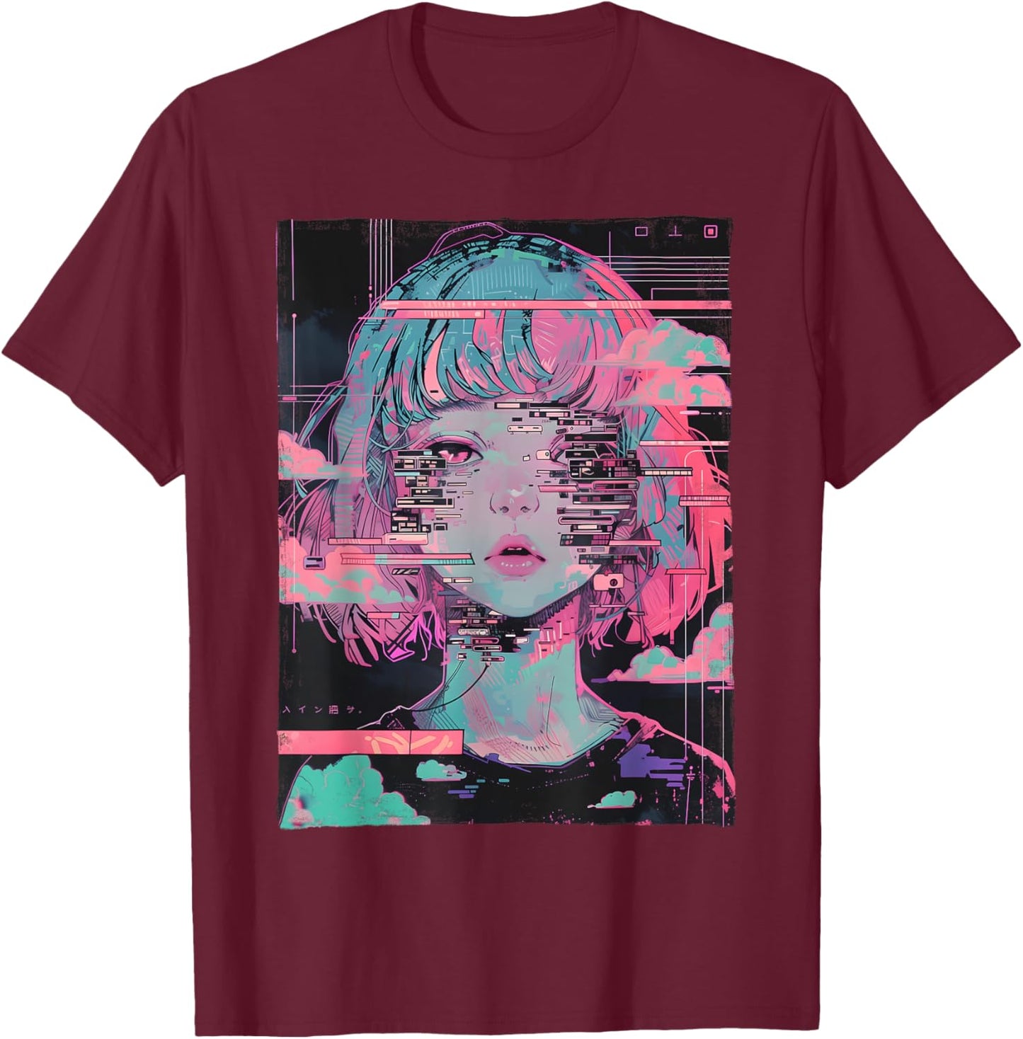 Anime Girl Vaporwave Glitch Cyber Goth E-Girl Distressed T-Shirt - T-Shirt | Maroon
