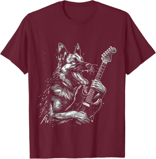 German Shepherd Dog Playing Electric Guitar Rock Dog Dad T-Shirt - T-Shirt | Maroon