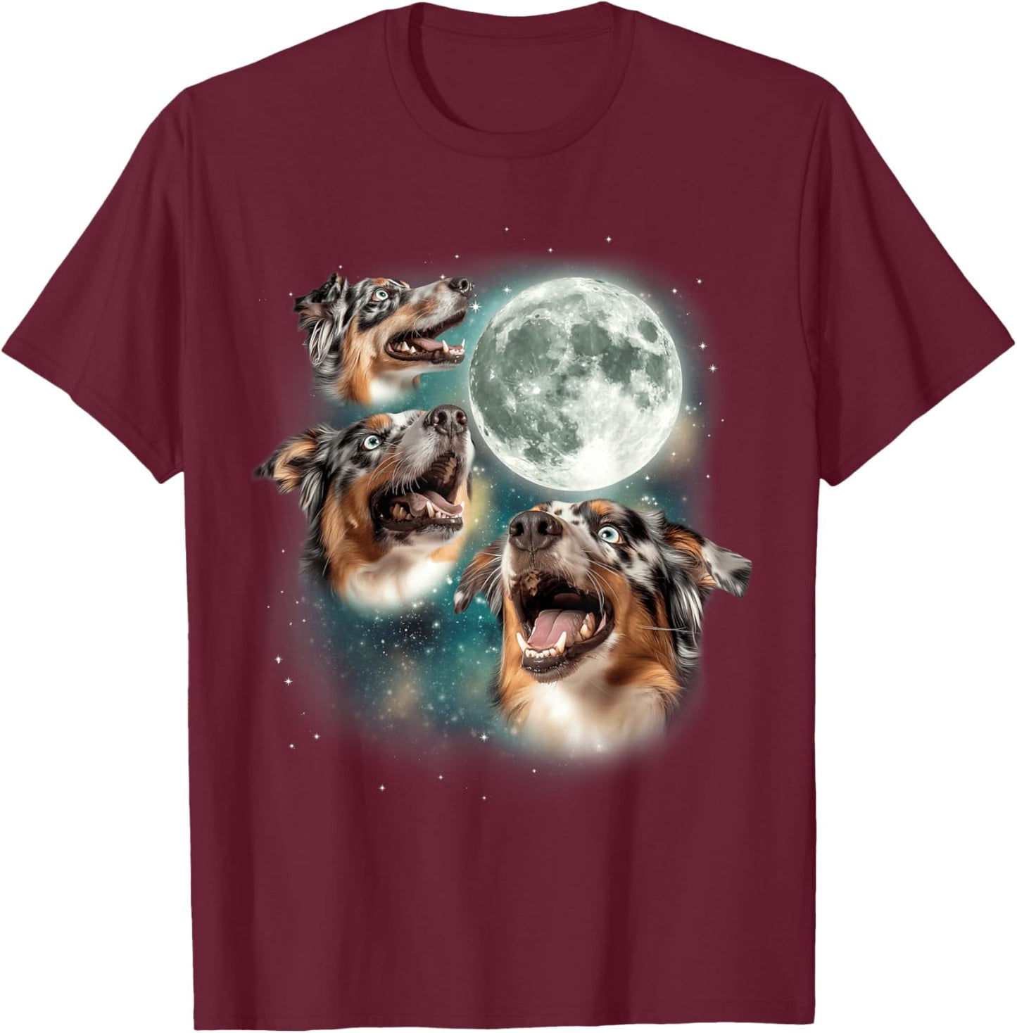 3 Australian Shepherds Moon | Three Aussies Howling Dog Meme T-Shirt - T-Shirt | Maroon