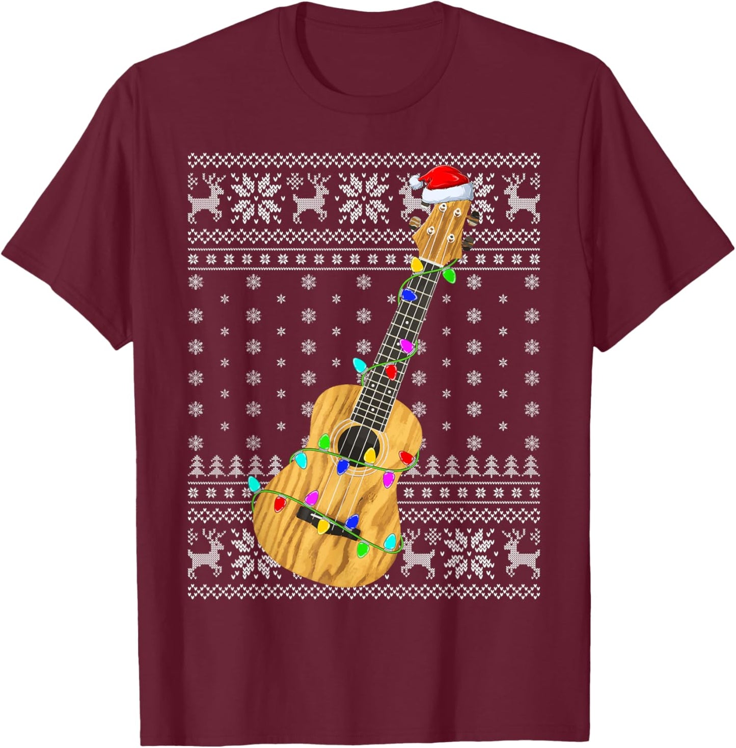 Ugly Sweater Xmas Lights Santa Hat Musical Ukulele Christmas T-Shirt - T-Shirt | Maroon