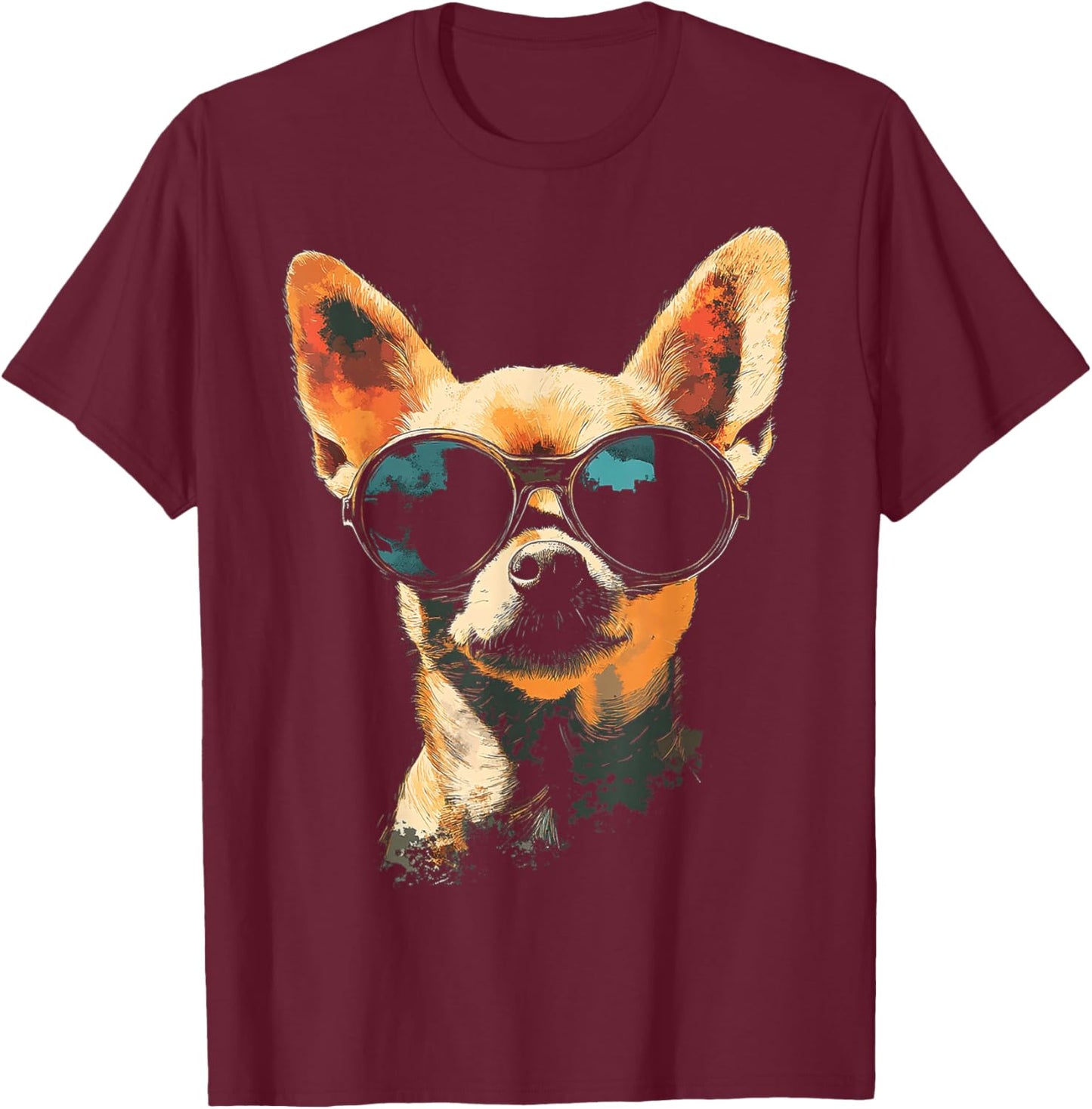 Chihuahua Dog Motif Pet Artwork Sunglasses Chihuahua Women Kids T-Shirt - T-Shirt | Maroon