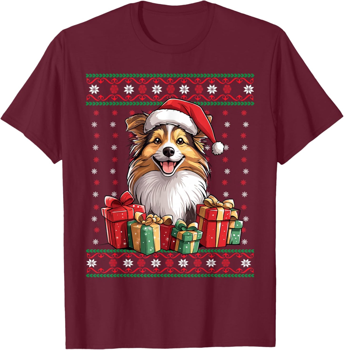 Sheltie Santa Hat Dog Lover Xmas Sheltie Ugly Christmas Men Women Kids T-Shirt - T-Shirt | Maroon