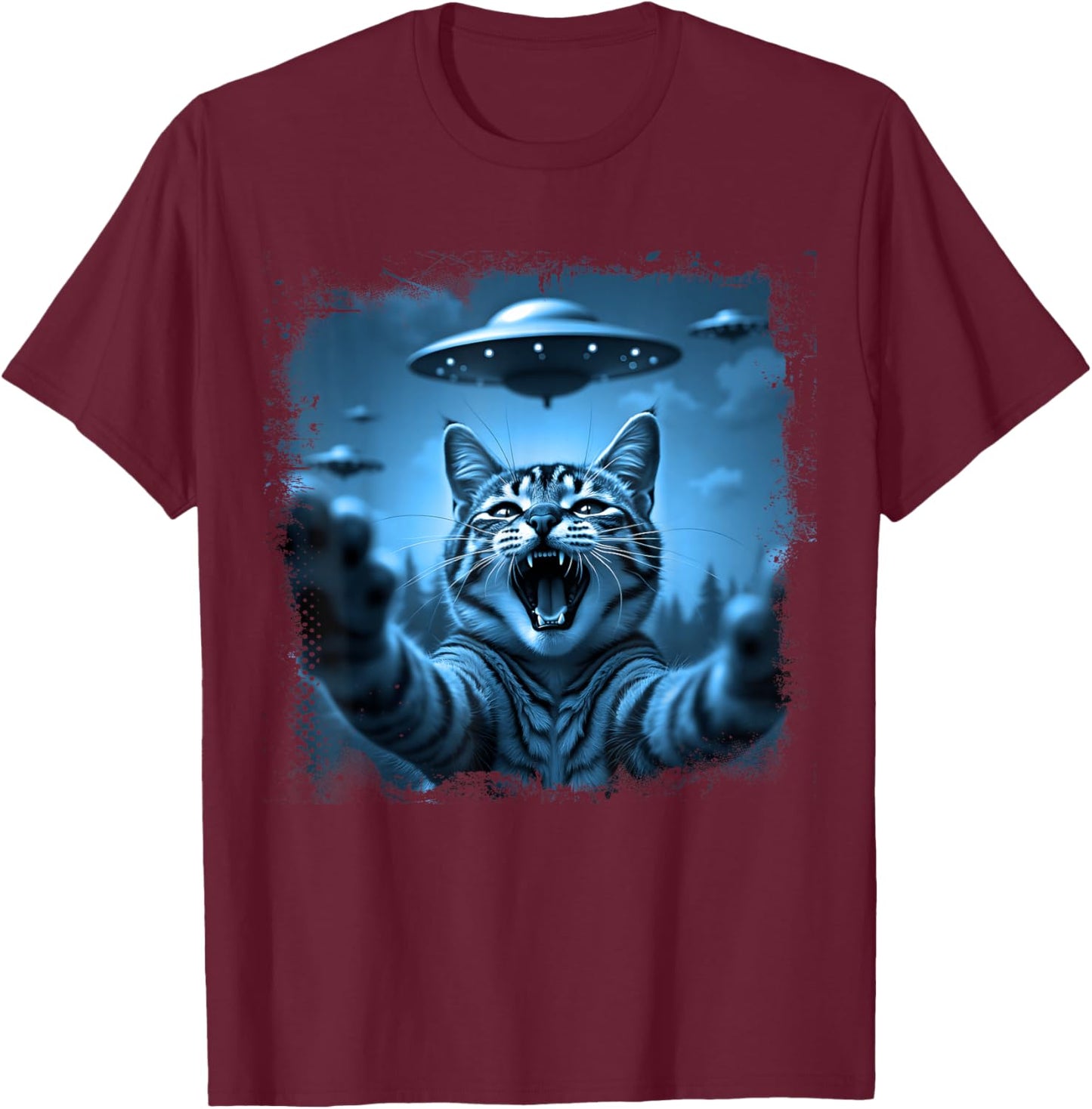 Funny Cat Selfie with UFOs Funny Cats Alien Design T-Shirt - T-Shirt | Maroon