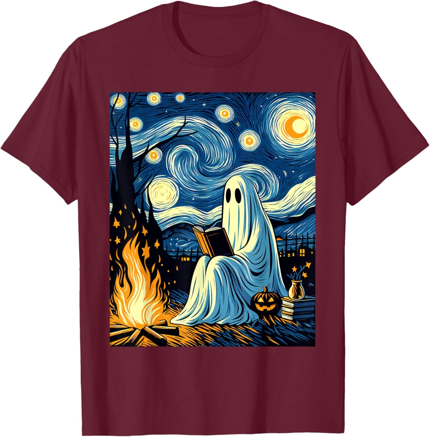 Ghost Book Reading Camping Halloween Van Gogh Starry Night T-Shirt - T-Shirt | Maroon