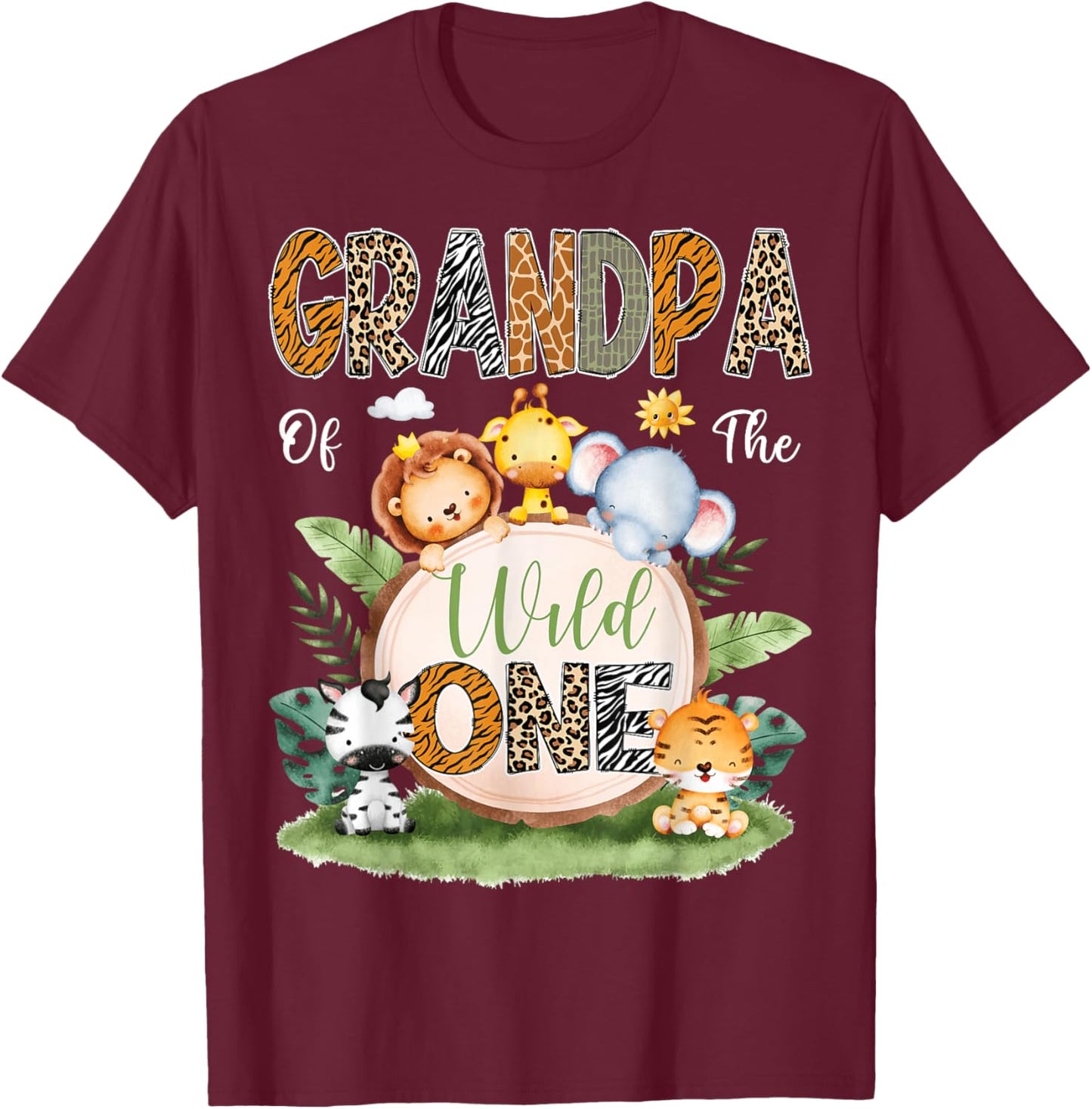 Grandpa Of The Wild One 1St Birthday Kids Safari Jungle T-Shirt - T-Shirt | Maroon
