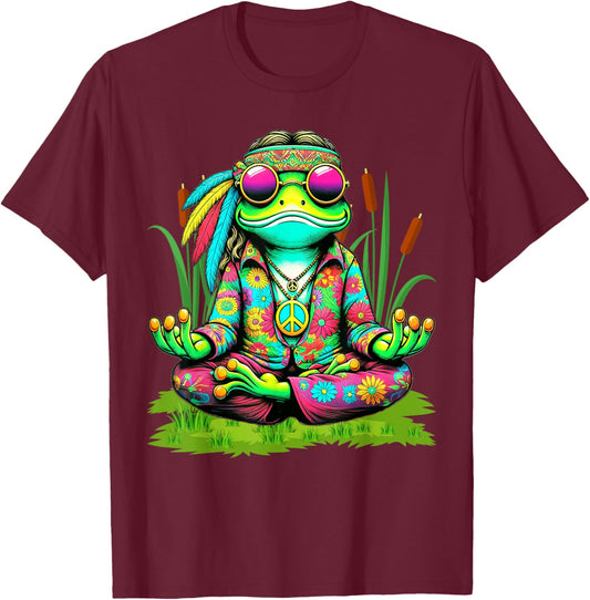 Frog Peace Sign Sunglasses Hippie T-Shirt - T-Shirt | Maroon