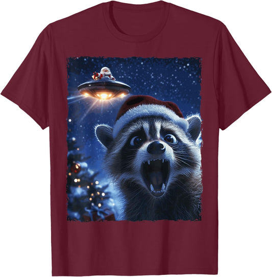 Funny Raccoon Selfie Santa Ufo Xmas Christmas T-Shirt - T-Shirt | Maroon