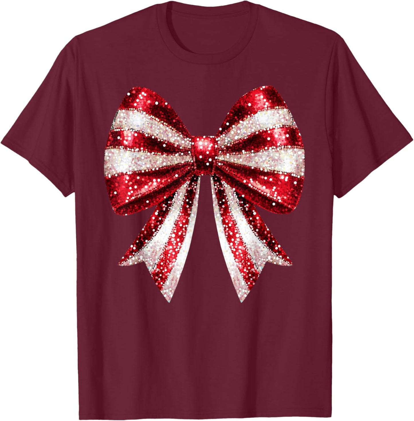 Cute Coquette Bow Christmas Candy Cane Xmas Women Kids Girls T-Shirt - T-Shirt | Maroon