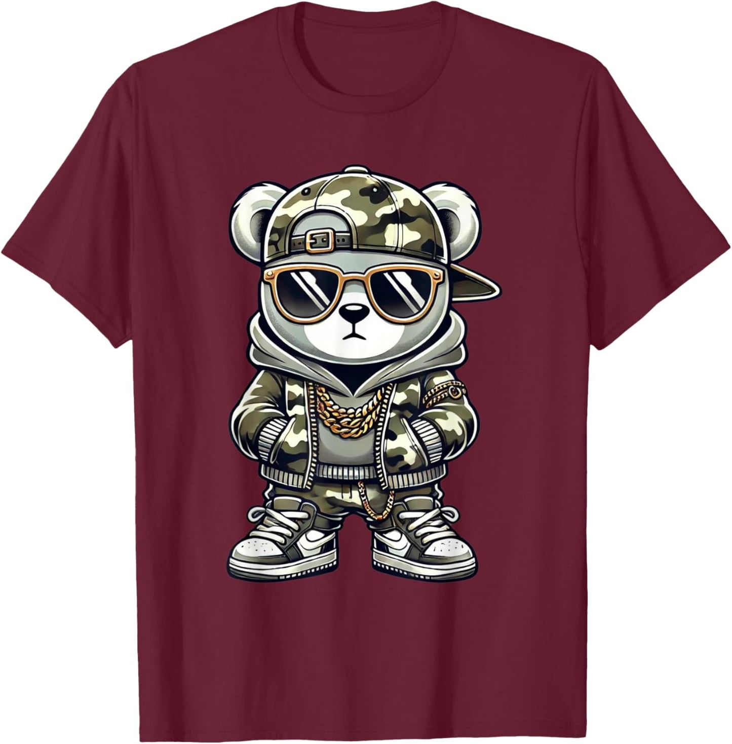 Camo Hip Hop Teddy Bear Camouflage Gangsta Streetwear Hustle T-Shirt - T-Shirt | Maroon