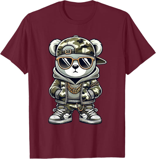 Camo Hip Hop Teddy Bear Camouflage Gangsta Streetwear Hustle T-Shirt - T-Shirt | Maroon