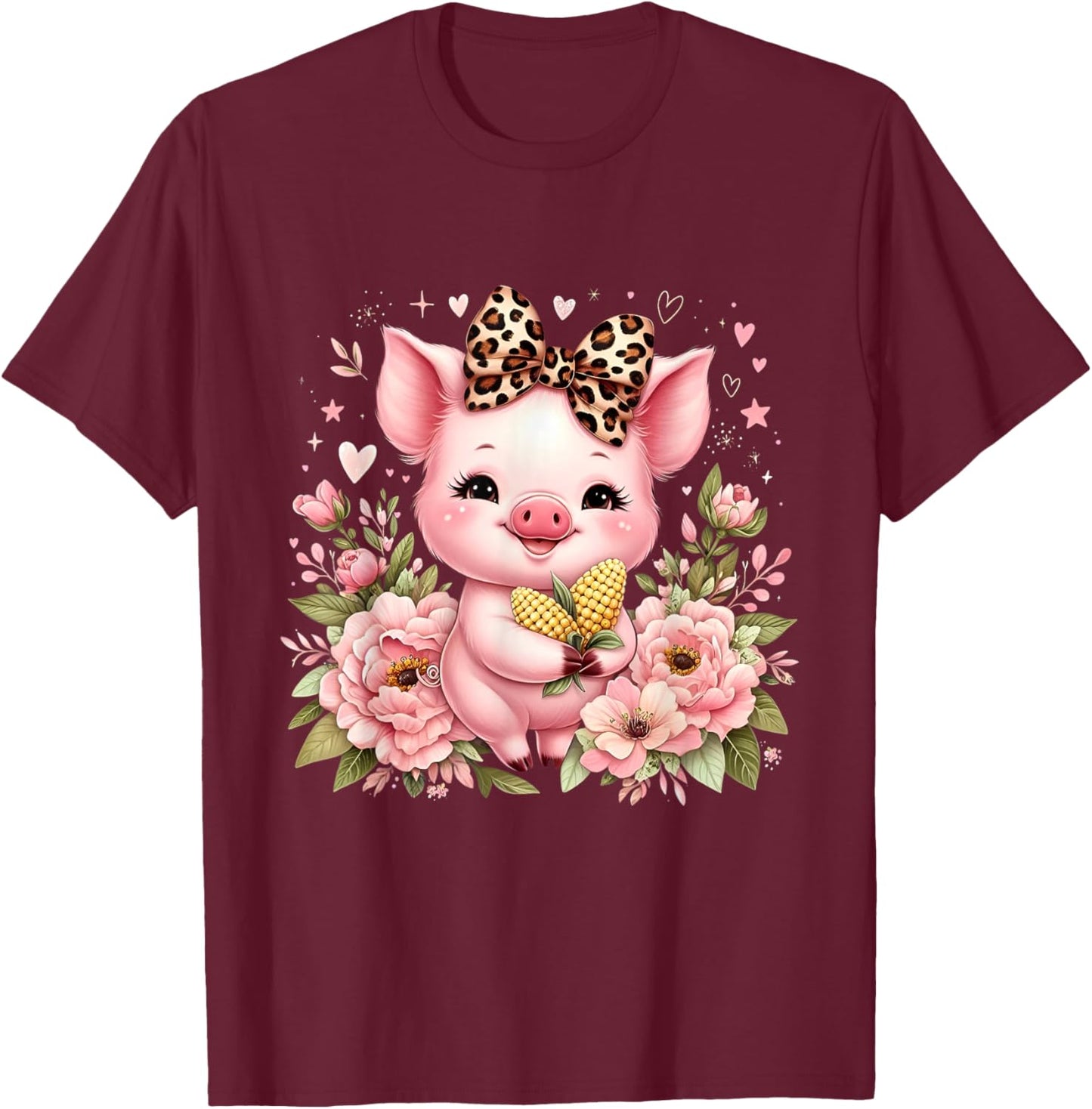 Pig Corn Leopard Coquette Bow Flowers Cute Pig Lover Women T-Shirt - T-Shirt | Maroon